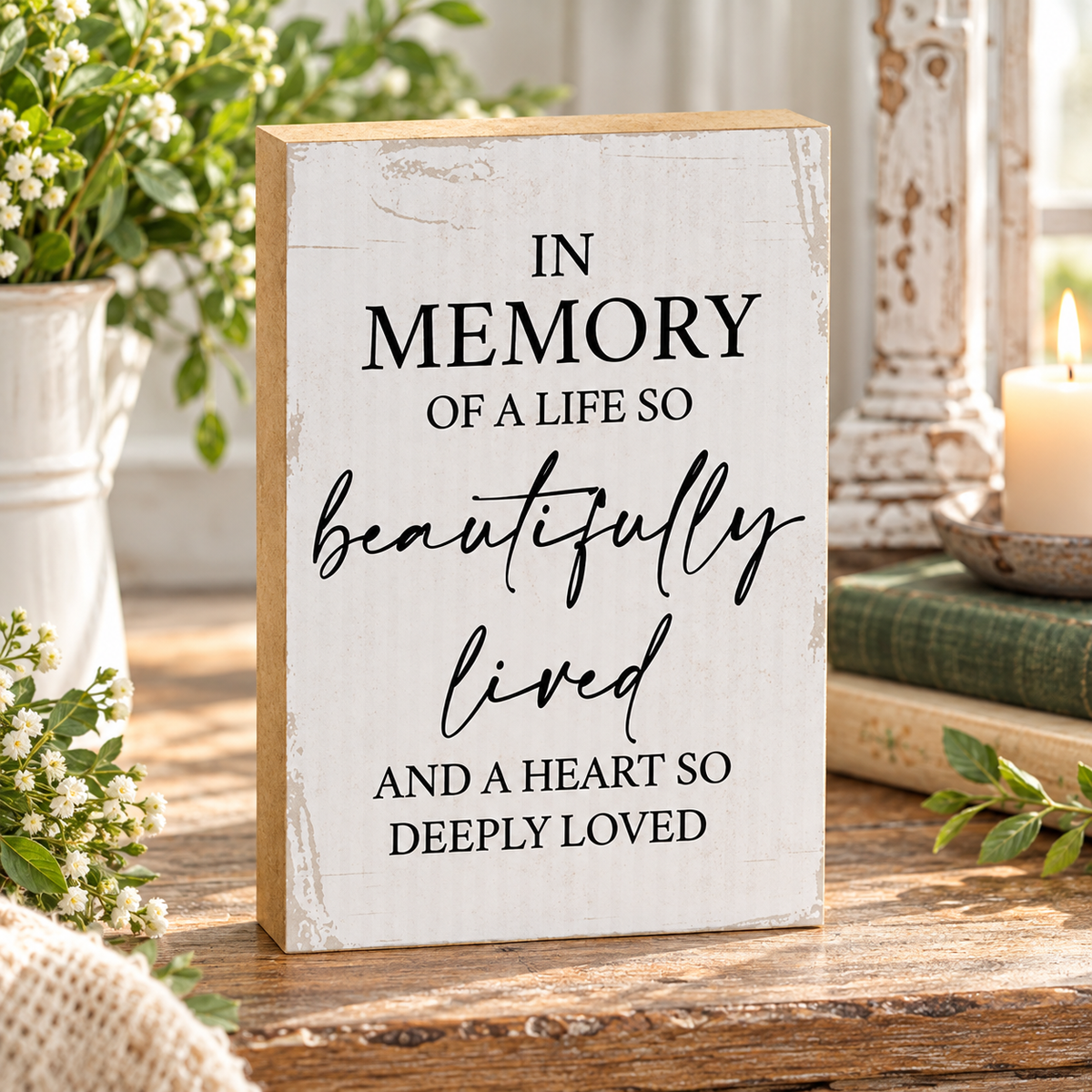 A rectangular white wooden memorial sign with black text reading 'IN MEMORY OF A LIFE SO beautifully lived AND A HEART SO DEEPLY LOVED,' displayed on a rustic wooden surface with flowers, books, and a candle in the background.