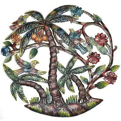 Vibrant tropical wall decor featuring intricate artisan metalwork and colorful details.