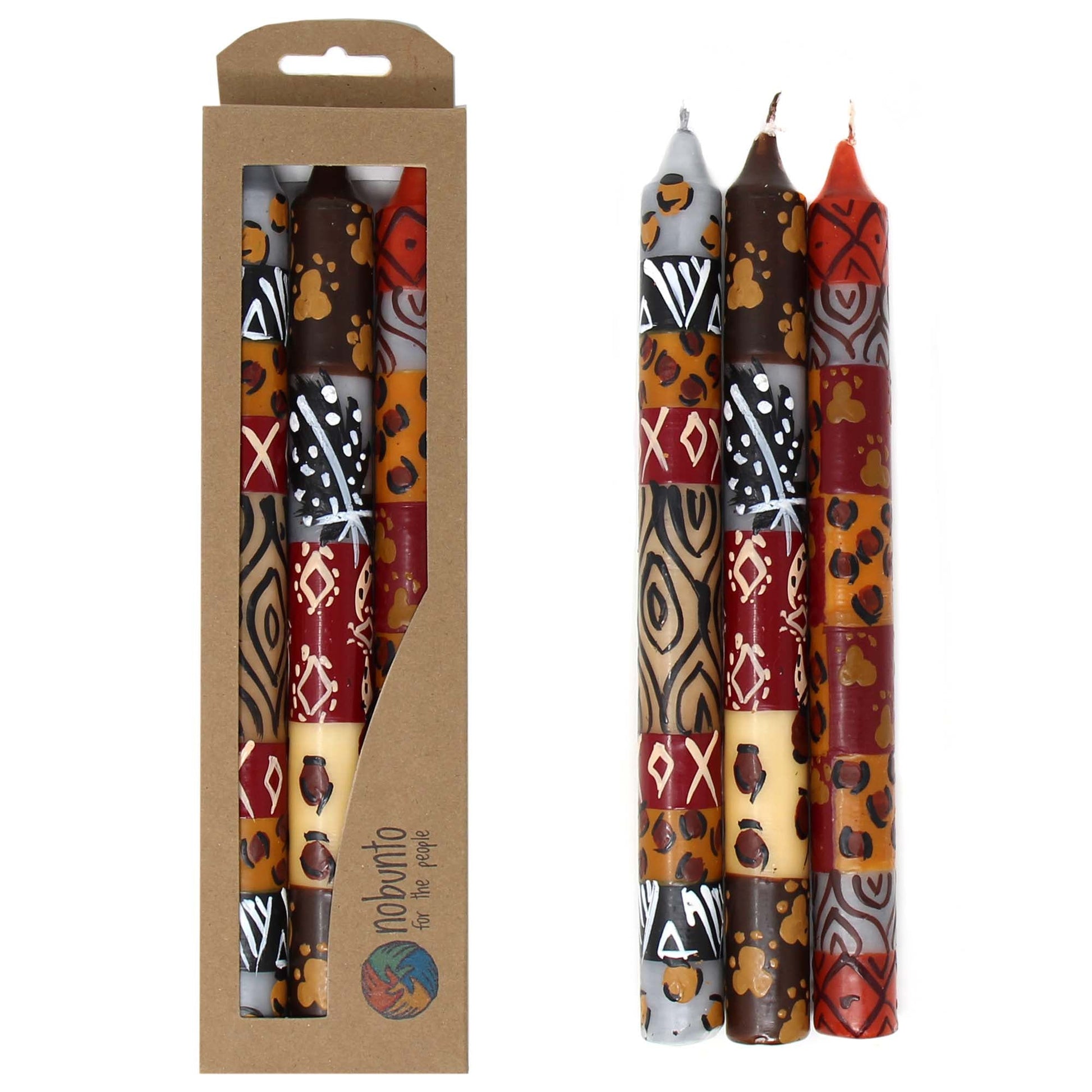 Hand-painted taper candle set with African-inspired Uzima design, artisan-crafted in South Africa, Fair Trade home décor, and luxury dining table accent.