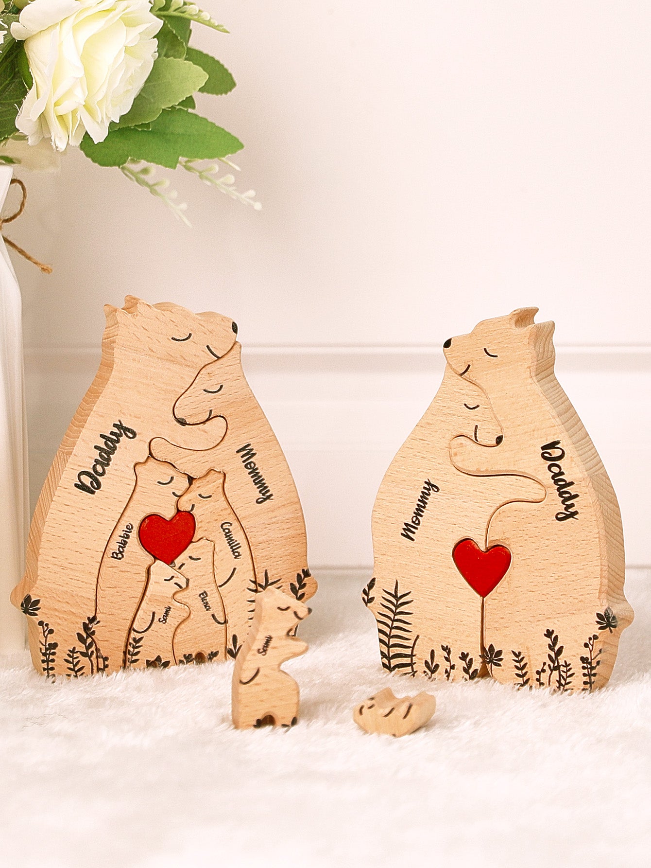 Personalized wooden bear puzzles, one featuring 2 bears and the other with 6 bears, custom name engravings for a family keepsake gift. Ideal for family gifts and special occasions.