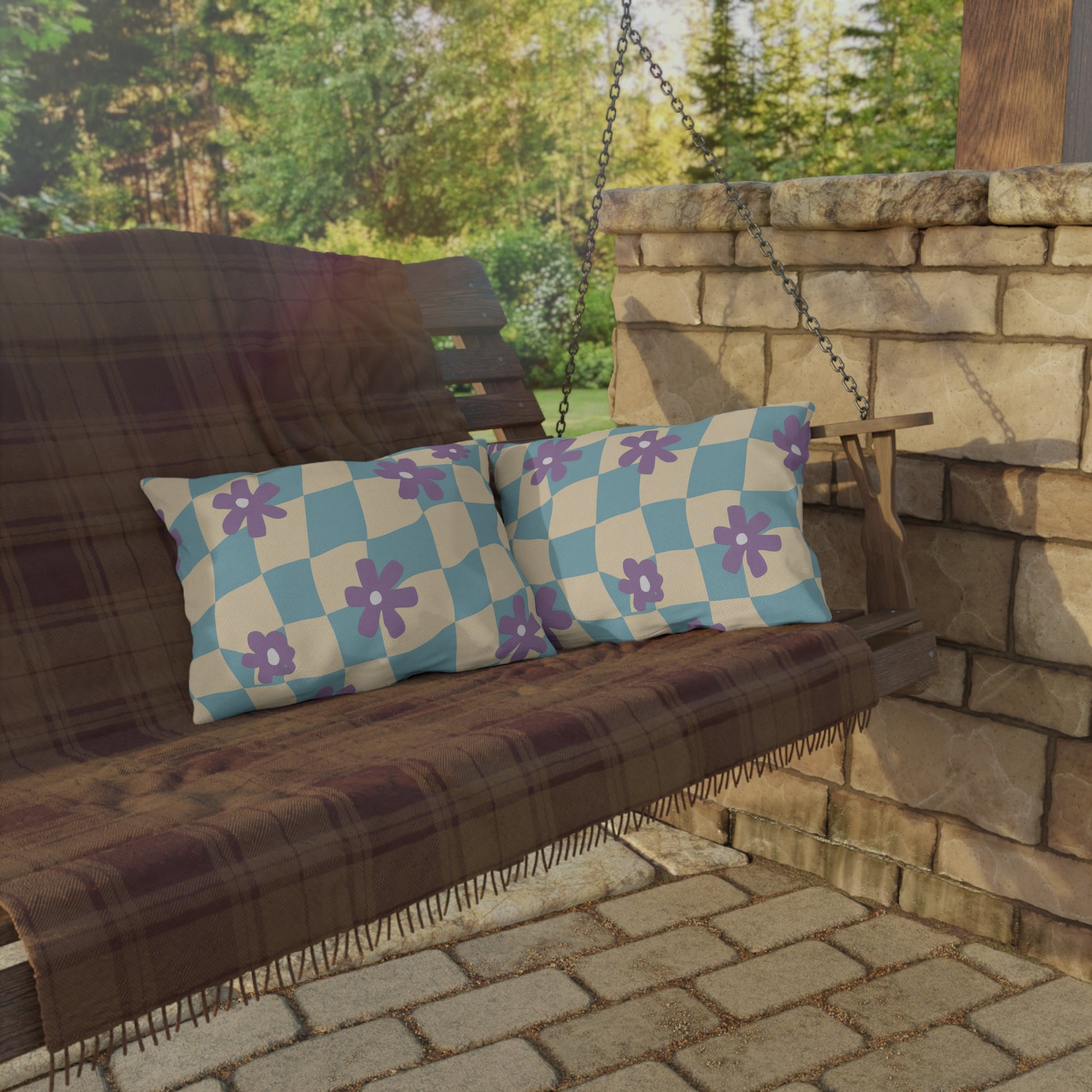 Double-sided floral pillow designed to brighten patio and garden furniture
