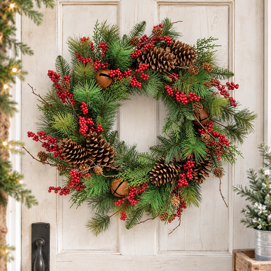 A festive Christmas wreath hanging on a white paneled front door. The wreath is made of green pine branches with clusters of red berries, large brown pinecones, and a few small gold bells.