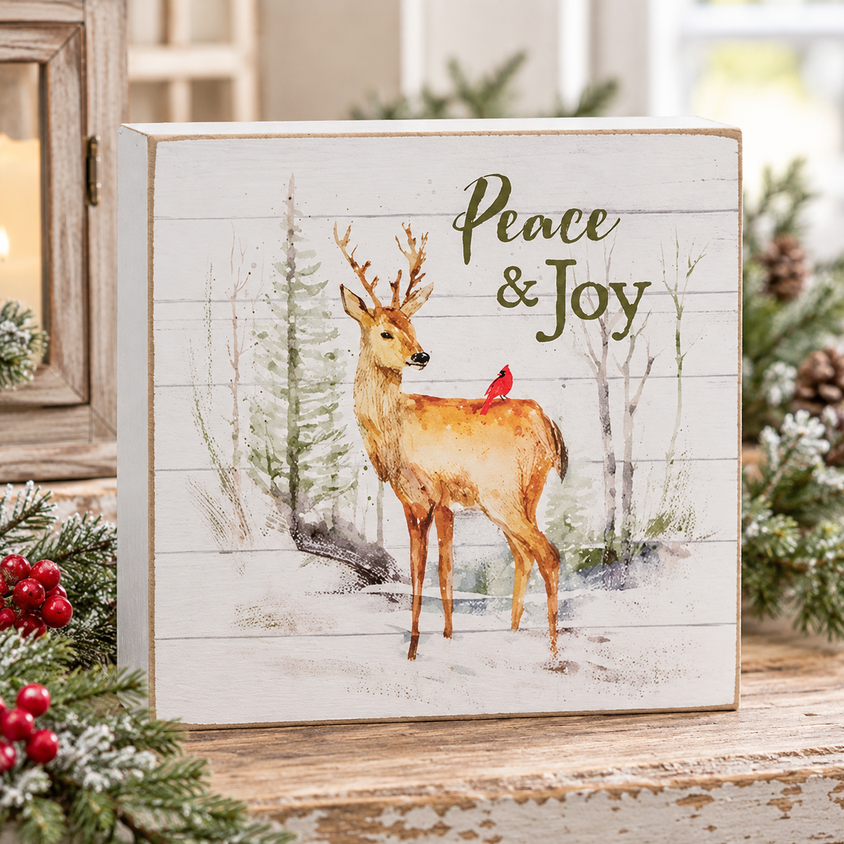 A square decorative sign with a whitewashed wood plank design, featuring a watercolor deer in a snowy forest with a red cardinal on its back and the words 'Peace & Joy' in green script. The sign is styled on a rustic wooden surface with holiday greenery and red berries in the foreground.