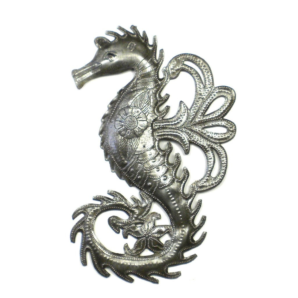 Handcrafted seahorse wall art made from recycled oil drum metal with textured detailing and lacquered finish, ideal for indoor or outdoor tropical-themed decor.