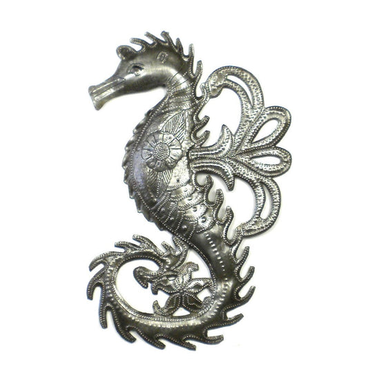 Handcrafted seahorse wall art made from recycled oil drum metal with textured detailing and lacquered finish, ideal for indoor or outdoor tropical-themed decor.