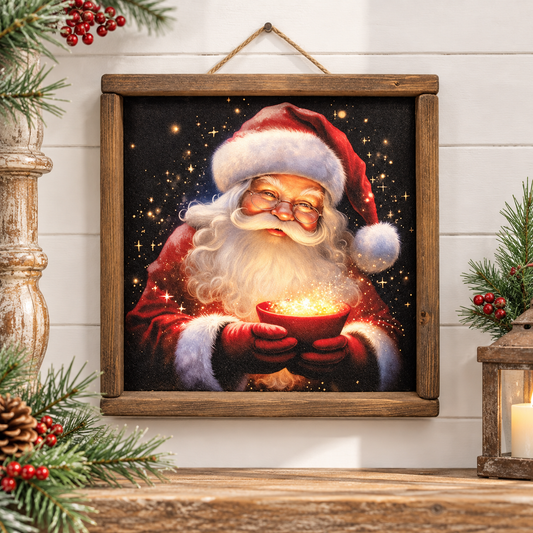 A framed Christmas art print featuring Santa Claus in a red suit holding a glowing bowl, hung on a white shiplap wall above a wooden surface with holiday greenery and a lantern around it.