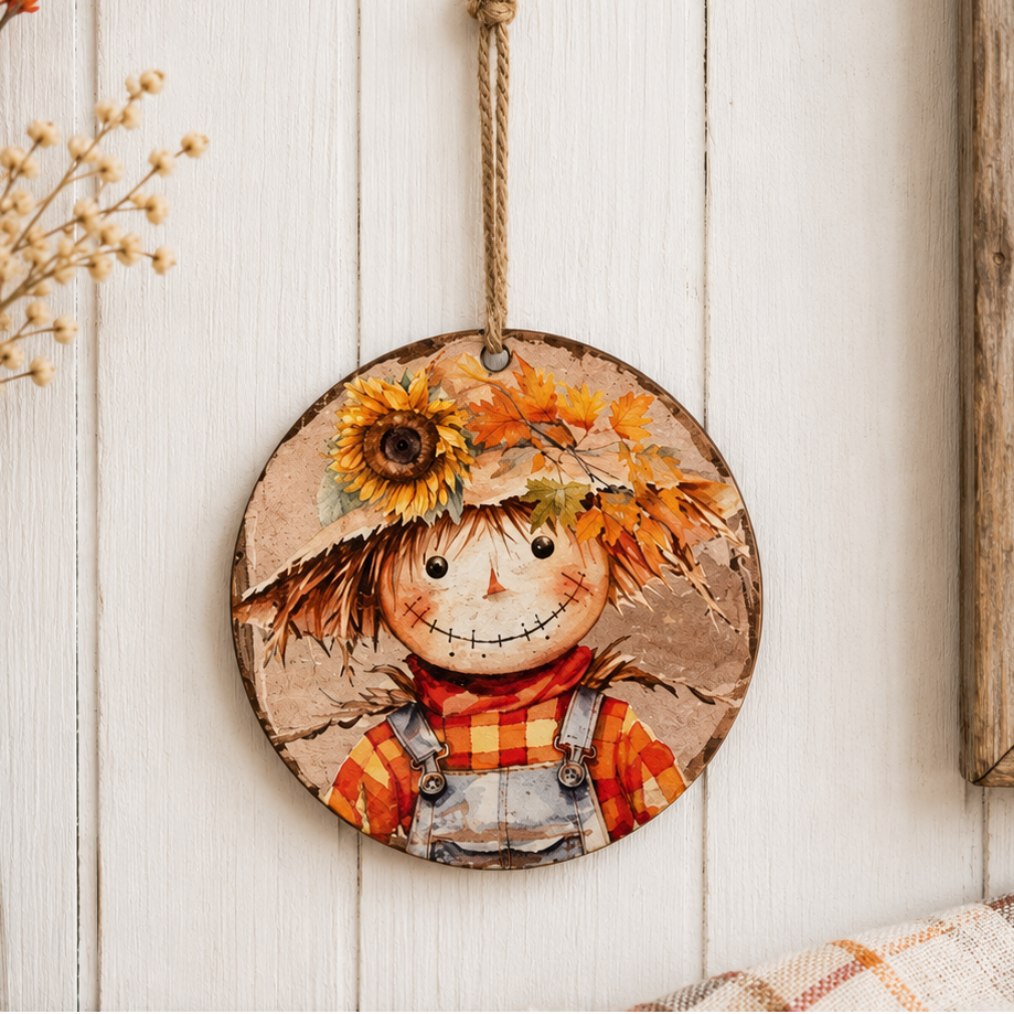 A round wooden hanging plaque featuring a painted scarecrow with a sunflower in the hat, displayed against a white wood paneled wall with dried flowers and a plaid cloth nearby.