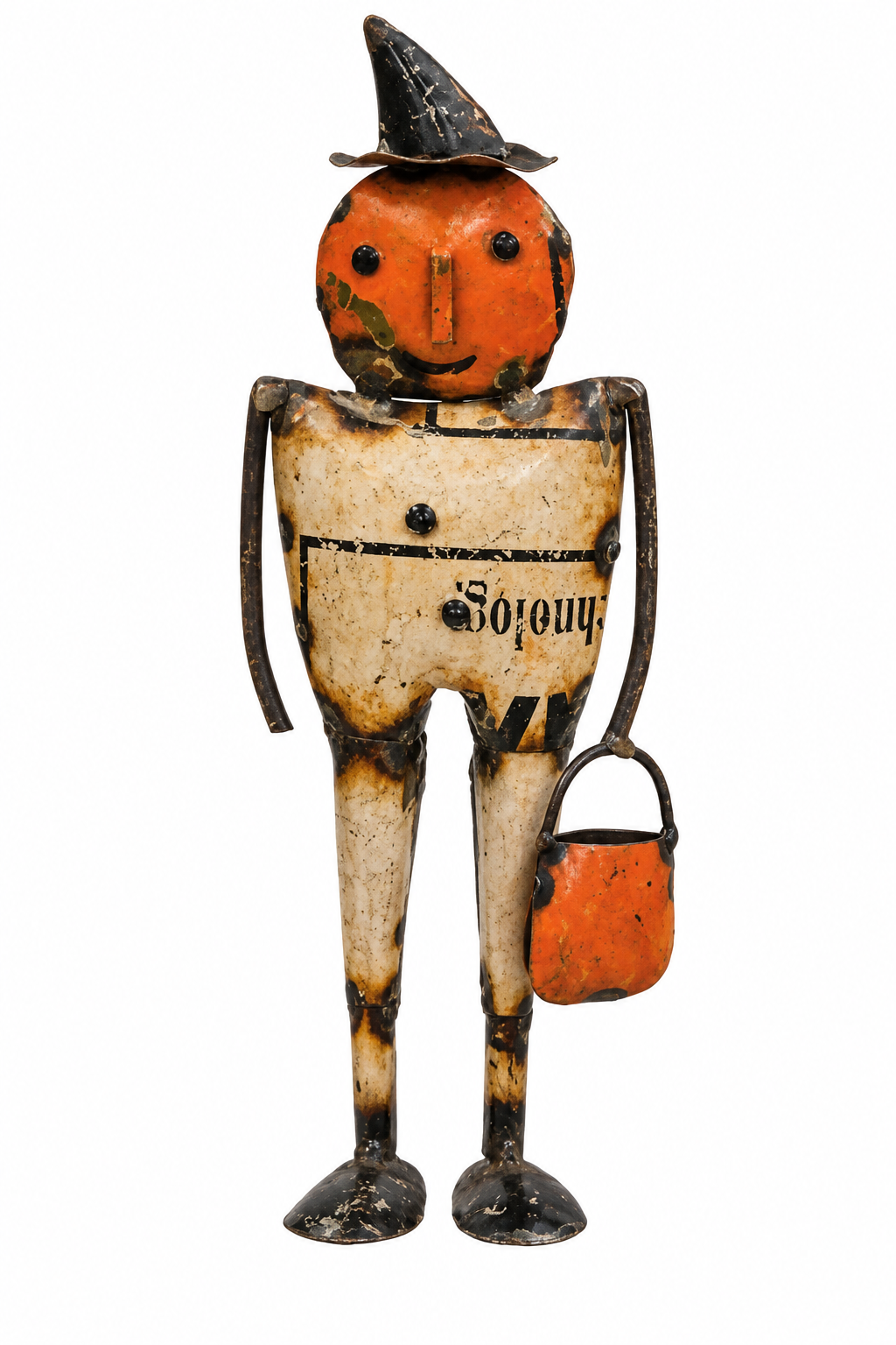 A vintage-style wooden Halloween doll with an orange pumpkin head, black witch hat, weathered cream body, and orange bucket, isolated on a white background.