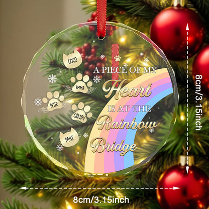 The Rainbow Bridge memorial ornament hanging from a Christmas tree with an overlay of text indicating its size, showcasing its personalized design as a tribute to a beloved pet.