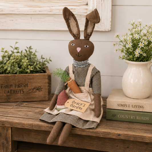 A rustic fabric bunny doll sits on a wooden bench in a styled farmhouse setting. The doll has brown ears and a brown face, wearing a black-and-white gingham dress and apron over a gray ruffled collar, and holds a carrot and a pinkish root vegetable.