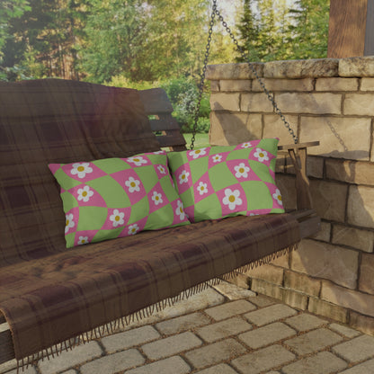 Decorative lumbar pillow styled with blooming floral print and water-resistant material