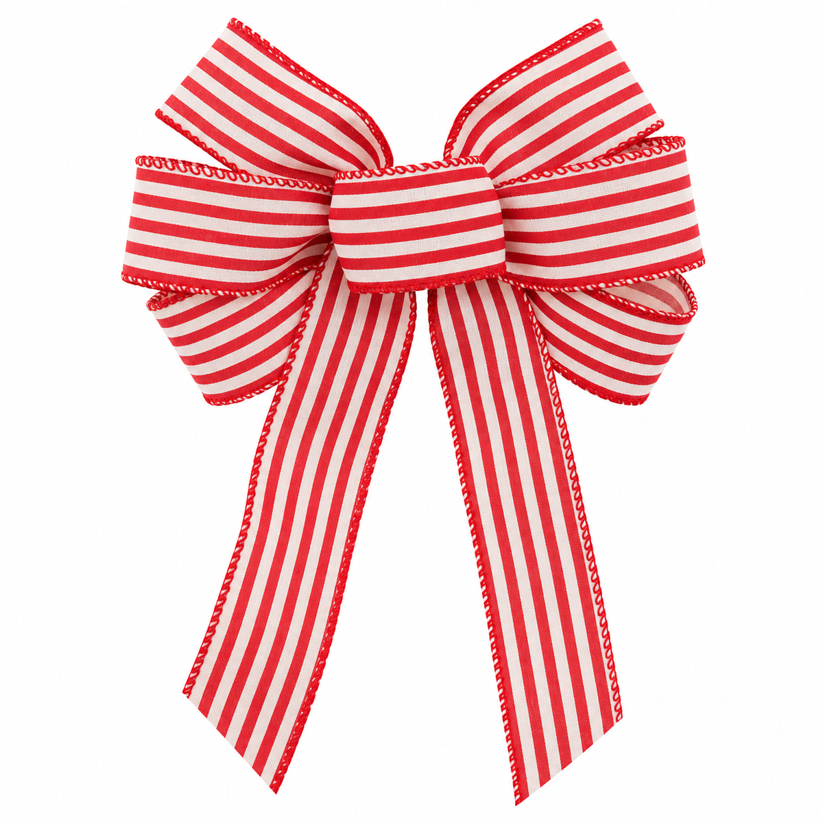 A large decorative bow made from red and white vertically striped ribbon with a stitched border, shown on a plain white background.
