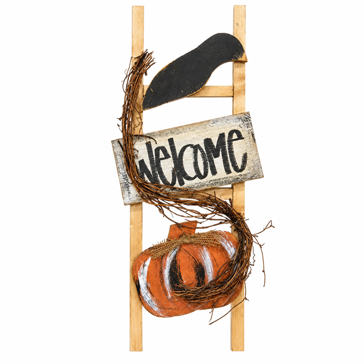 A rustic autumn-themed decorative ladder sign featuring a wooden 'Welcome' plaque, a black bird silhouette, an orange and white striped pumpkin, and a brown twig wreath, shown against a plain white background.