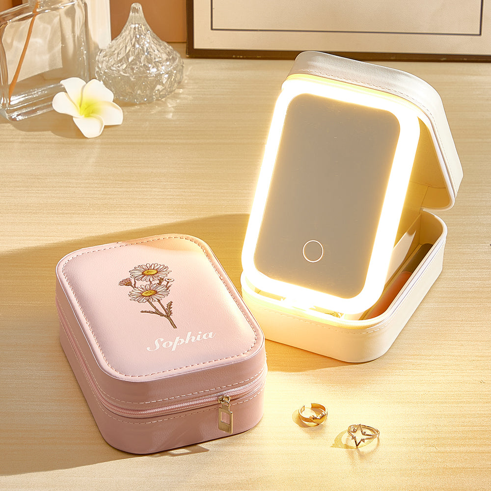 A side-by-side view of the personalized jewelry box, with one mirror open showing the adjustable LED light and easy-access power button, and the other closed, highlighting its sleek design.