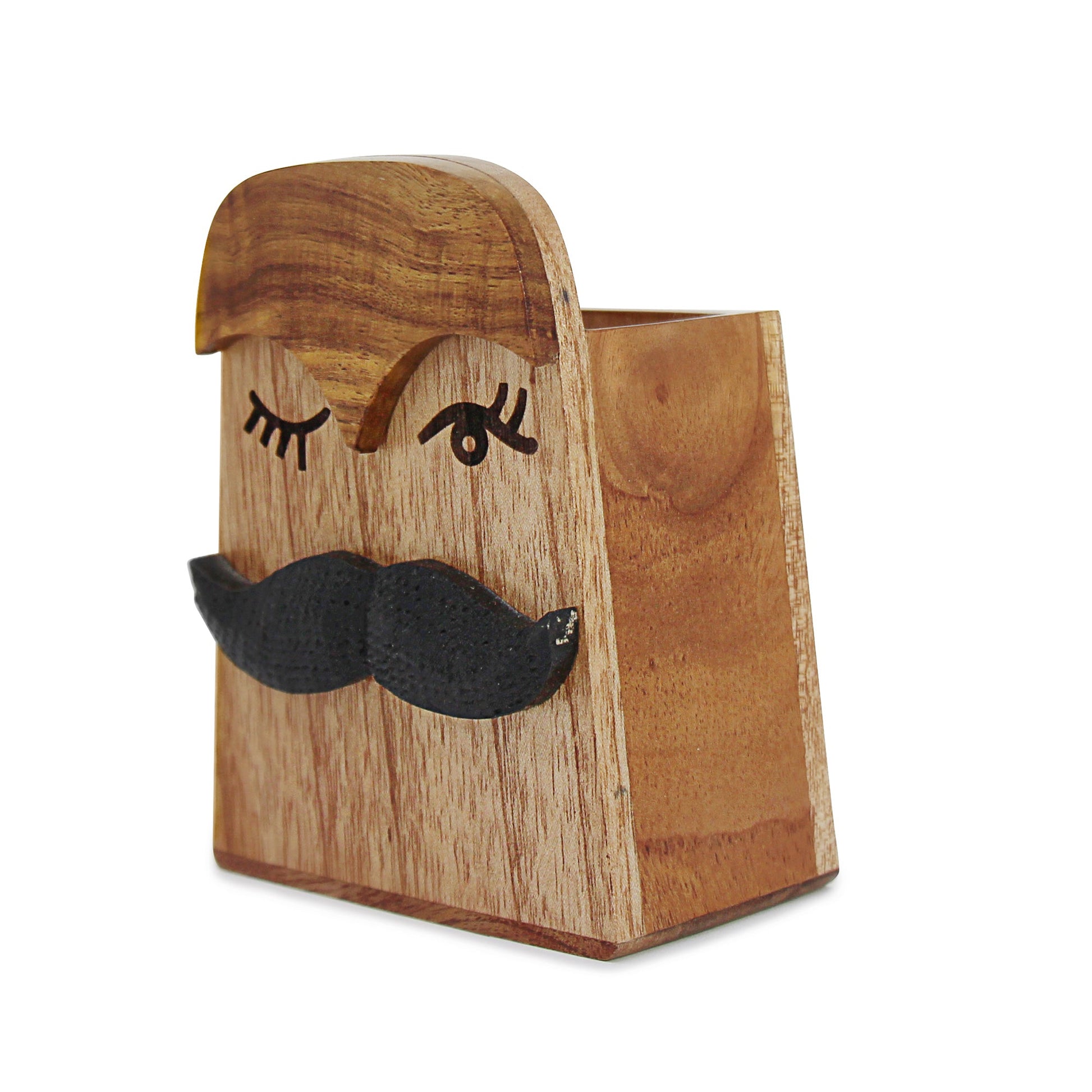 Side view of wooden glasses holder with pen slot, an ideal work-from-home or office desk accessory.