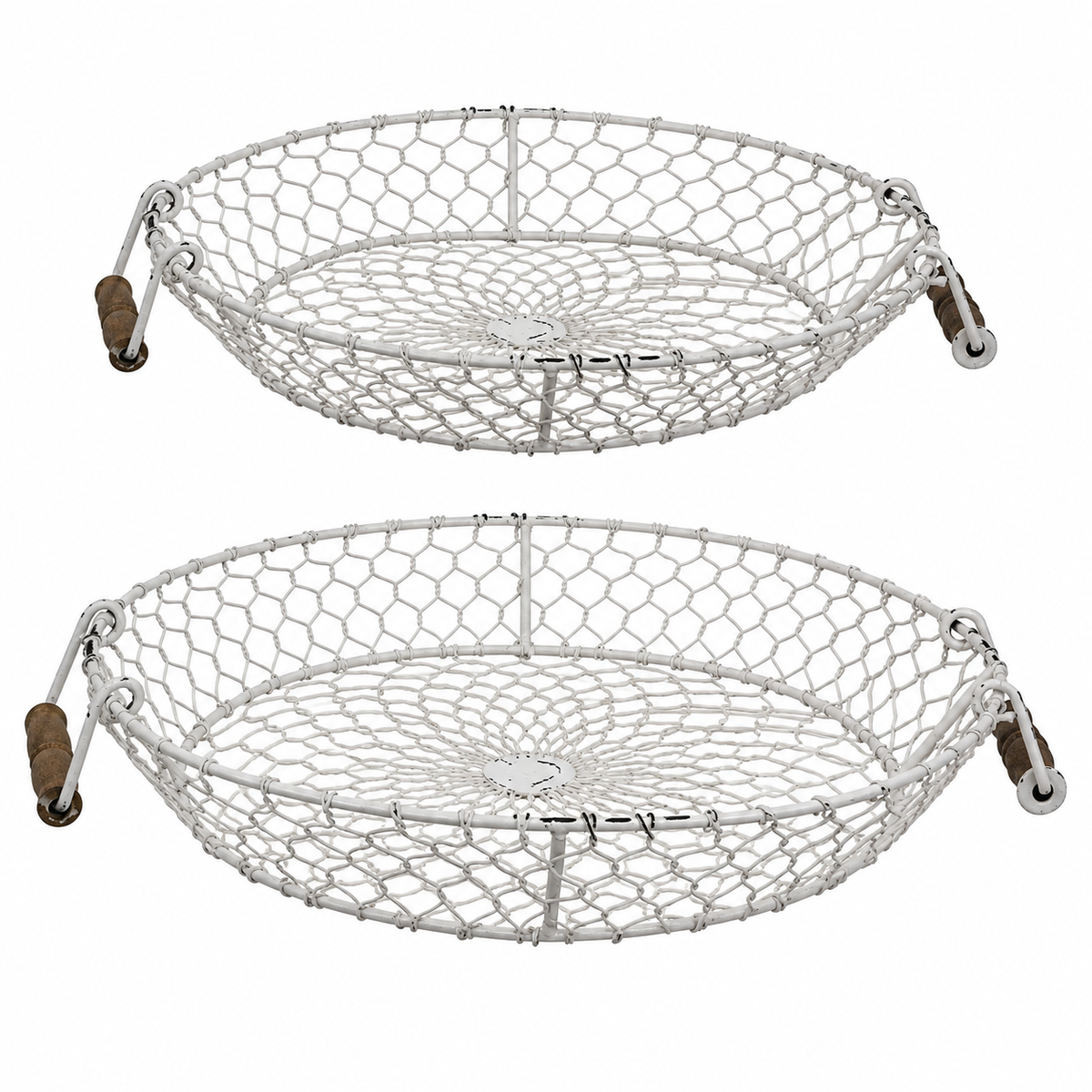 Two round woven wire baskets with dark brown wooden handles, shown stacked vertically on a plain white background.
