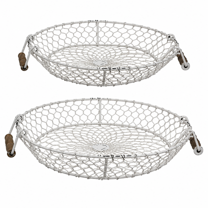 Two round woven wire baskets with dark brown wooden handles, shown stacked vertically on a plain white background.