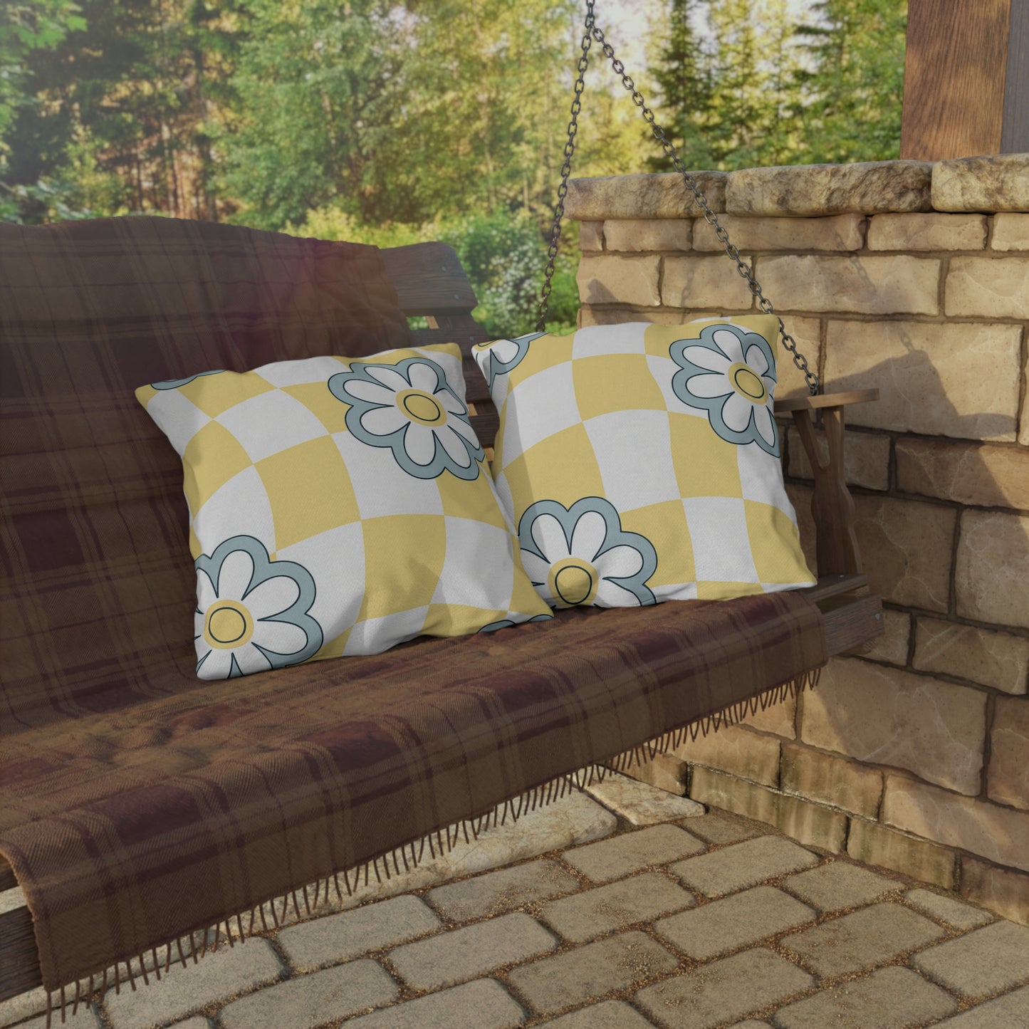 Vibrant flower-themed pillow for porch, balcony, or outdoor garden bench