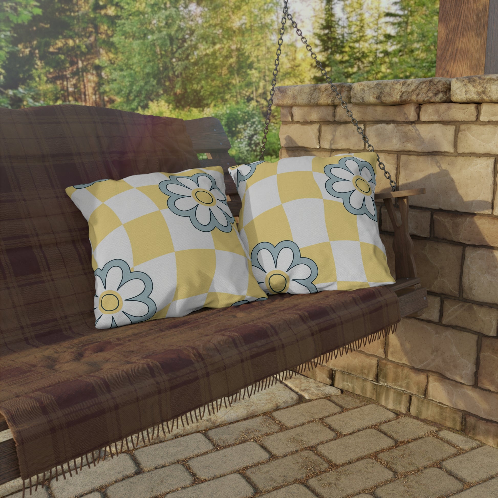 Vibrant flower-themed pillow for porch, balcony, or outdoor garden bench