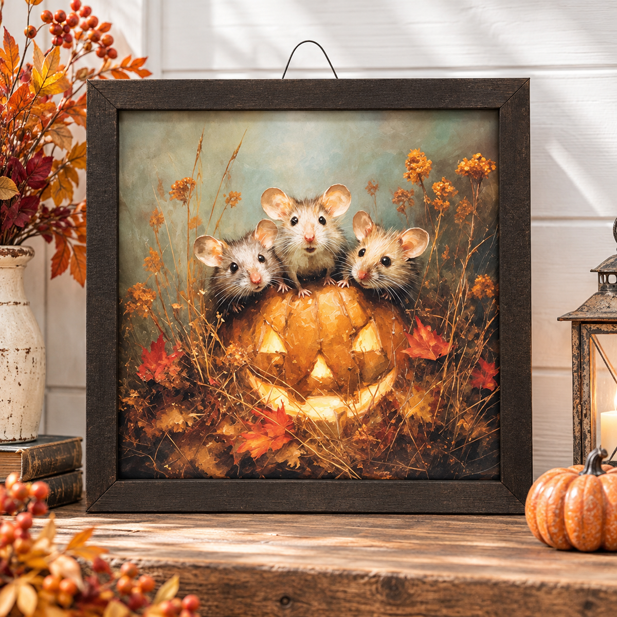 A framed art print featuring four small mice perched on a carved jack-o'-lantern surrounded by autumn leaves and grass, displayed on a wooden surface with seasonal decor including a small pumpkin, lantern, and vase in the background.