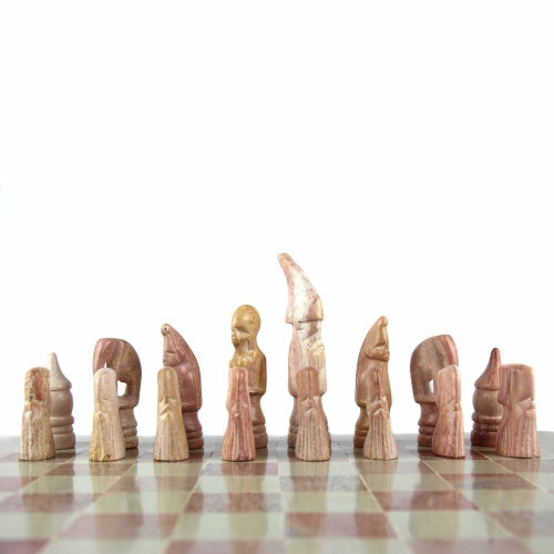 Unique collector’s chessboard made from pink and white natural soapstone, perfect for play or display.