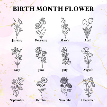 A graphic displaying the available birth flower options, each representing a different month with delicate floral illustrations for customization on the jewelry box.