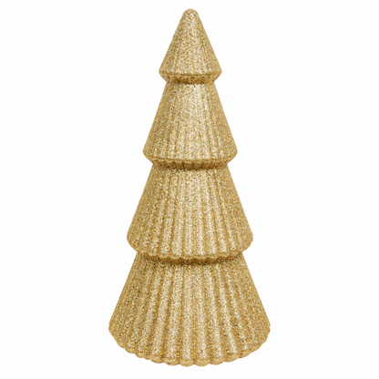 A tiered, cone-shaped decorative tree ornament in a textured, ribbed gold glitter finish, shown against a plain white background.
