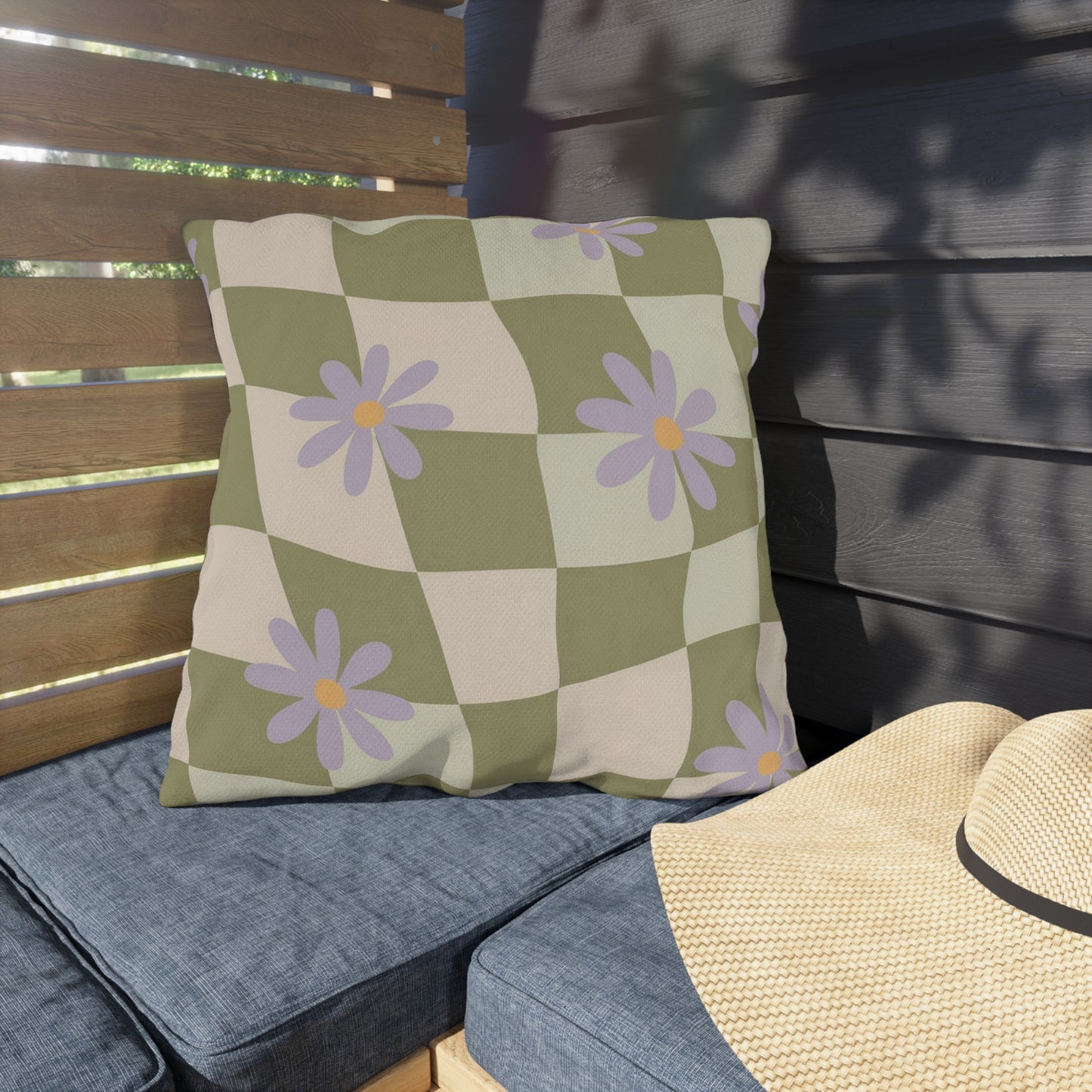 Blooming Green Checkered Pillow – Soft, Durable Accent for Patios and Gardens
