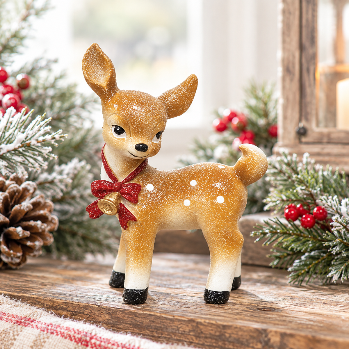 A small decorative deer figurine with a warm tan and cream body, white spots, black hooves, and a red bow around its neck, standing on a rustic wooden surface with holiday greenery, pinecones, and red berries in the background.