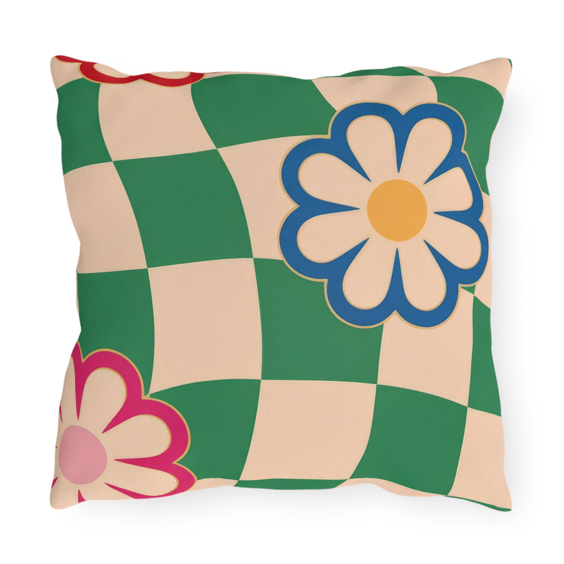 Outdoor cushion featuring red and yellow flowers with UV-resistant fabric
