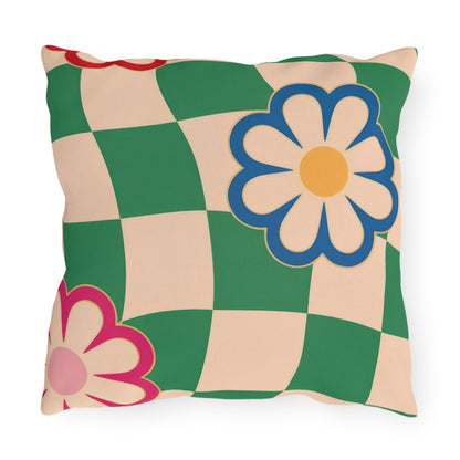 Outdoor cushion featuring red and yellow flowers with UV-resistant fabric