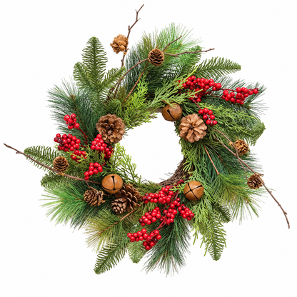 A festive Christmas wreath made of green pine branches, decorated with clusters of red berries, brown pinecones, and small gold bells, isolated on a white background.