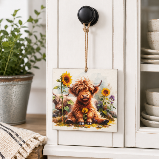 Square wooden ornament featuring a Highland cow and two calves sitting in a sunflower field with watercolor blue sky, floral accents, and jute twine hanger