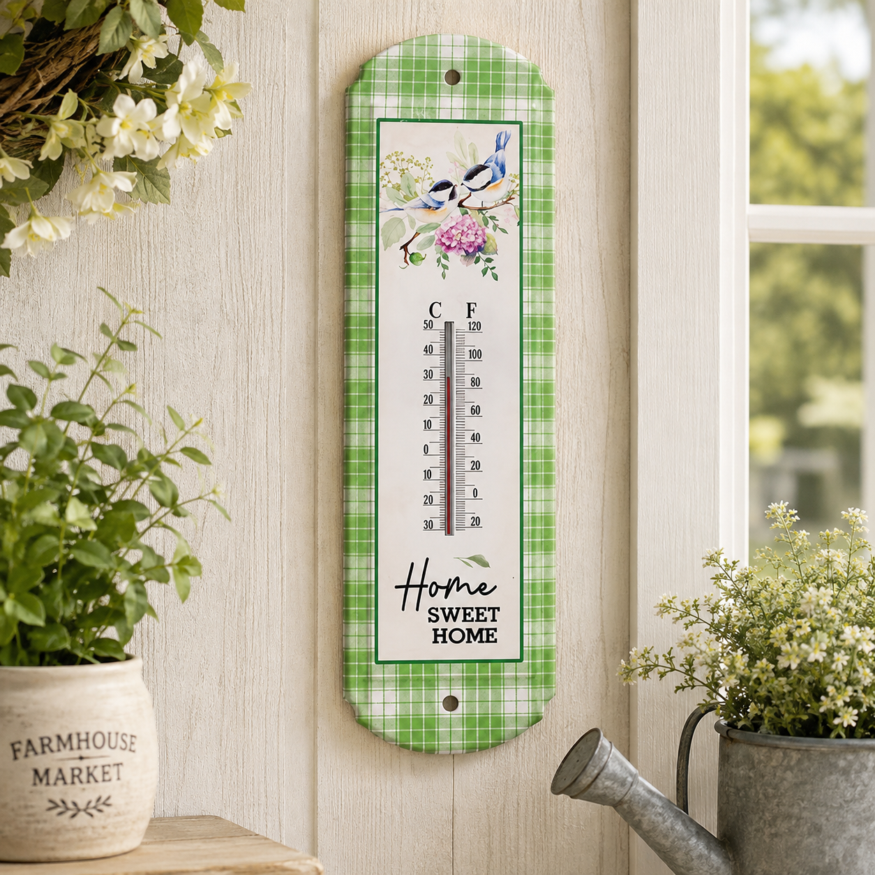 Home Sweet Home metal wall thermometer with watercolor birds on flowering branches, green plaid border, and Fahrenheit and Celsius readings.
