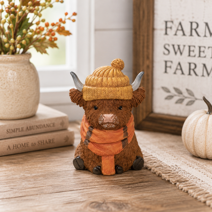 A small Highland cow figurine wearing a mustard yellow knit hat and an orange scarf, sitting on a wooden tabletop in a styled home setting with books, a vase, and a framed sign.