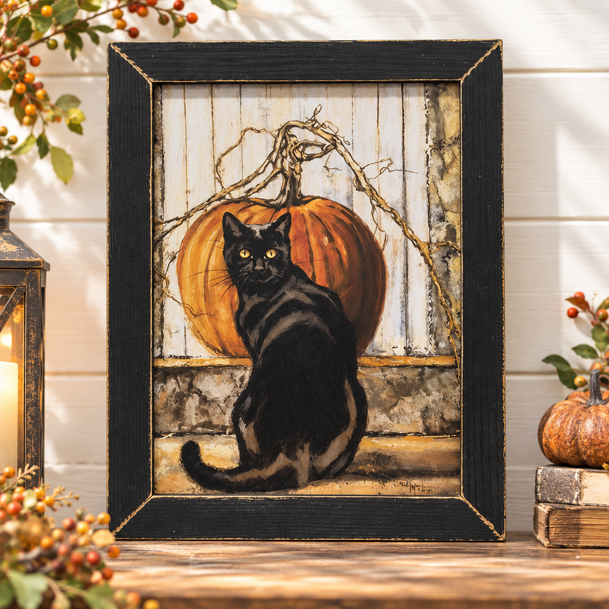 A framed autumn-themed art print featuring a black cat sitting in front of a large orange pumpkin, displayed on a wooden surface with seasonal decor.