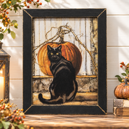 A framed autumn-themed art print featuring a black cat sitting in front of a large orange pumpkin, displayed on a wooden surface with seasonal decor.