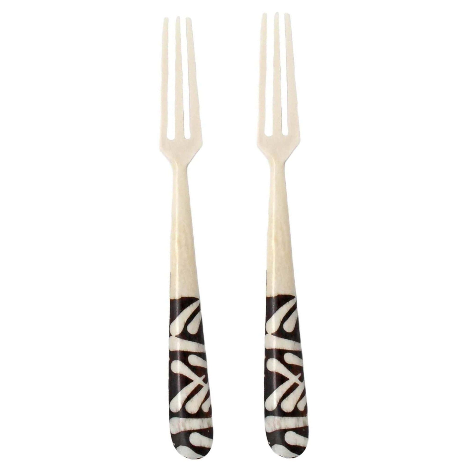 Hand-carved batik bone appetizer forks with African mud cloth design