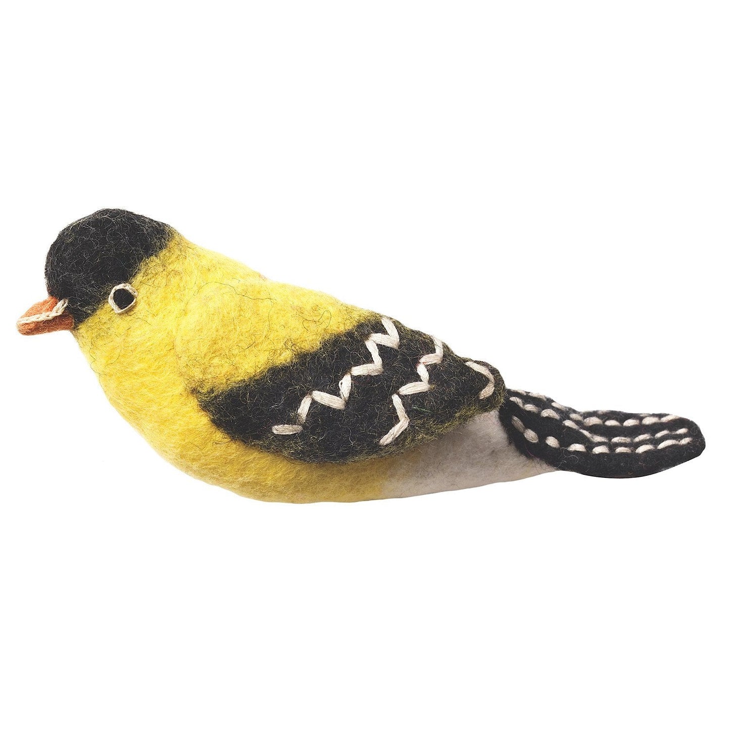 Handcrafted felt goldfinch bird ornament made from eco-friendly wool, perfect for garden décor, bird lovers, and nature-inspired gifts, weatherproof for indoor or outdoor use.