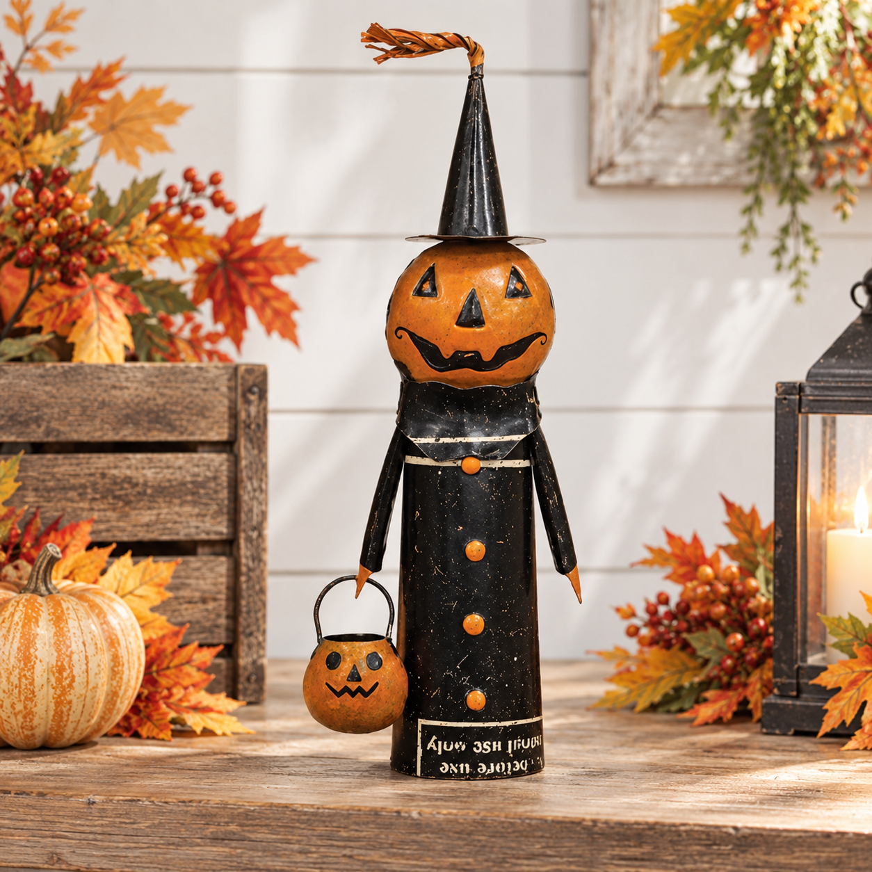 A Halloween decorative figure made from a black tin can with a carved orange pumpkin head, standing on a rustic wooden surface with autumn leaves, a small pumpkin, and a lantern in the background.