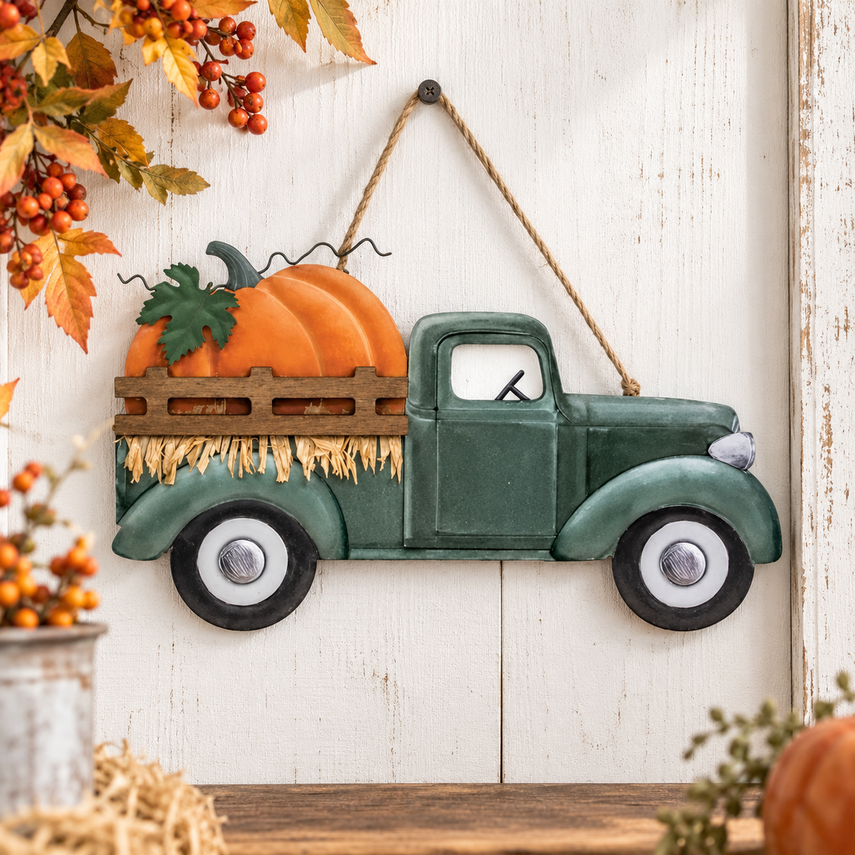 A decorative hanging wall sign shaped like a vintage green pickup truck carrying an orange pumpkin and hay, displayed against a white rustic wooden wall with autumn leaves and berries around it.