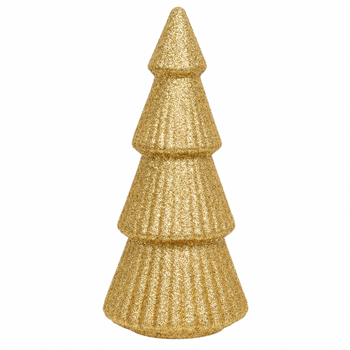 A gold glitter Christmas tree decoration with a textured, ribbed surface, shown against a plain white background.