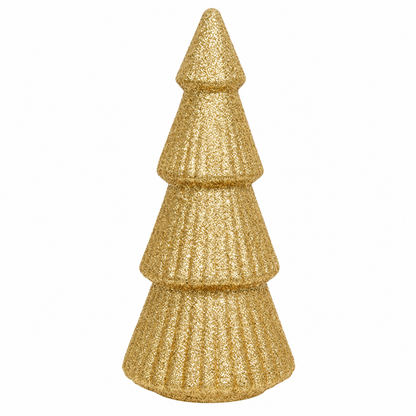 A gold glitter Christmas tree decoration with a textured, ribbed surface, shown against a plain white background.