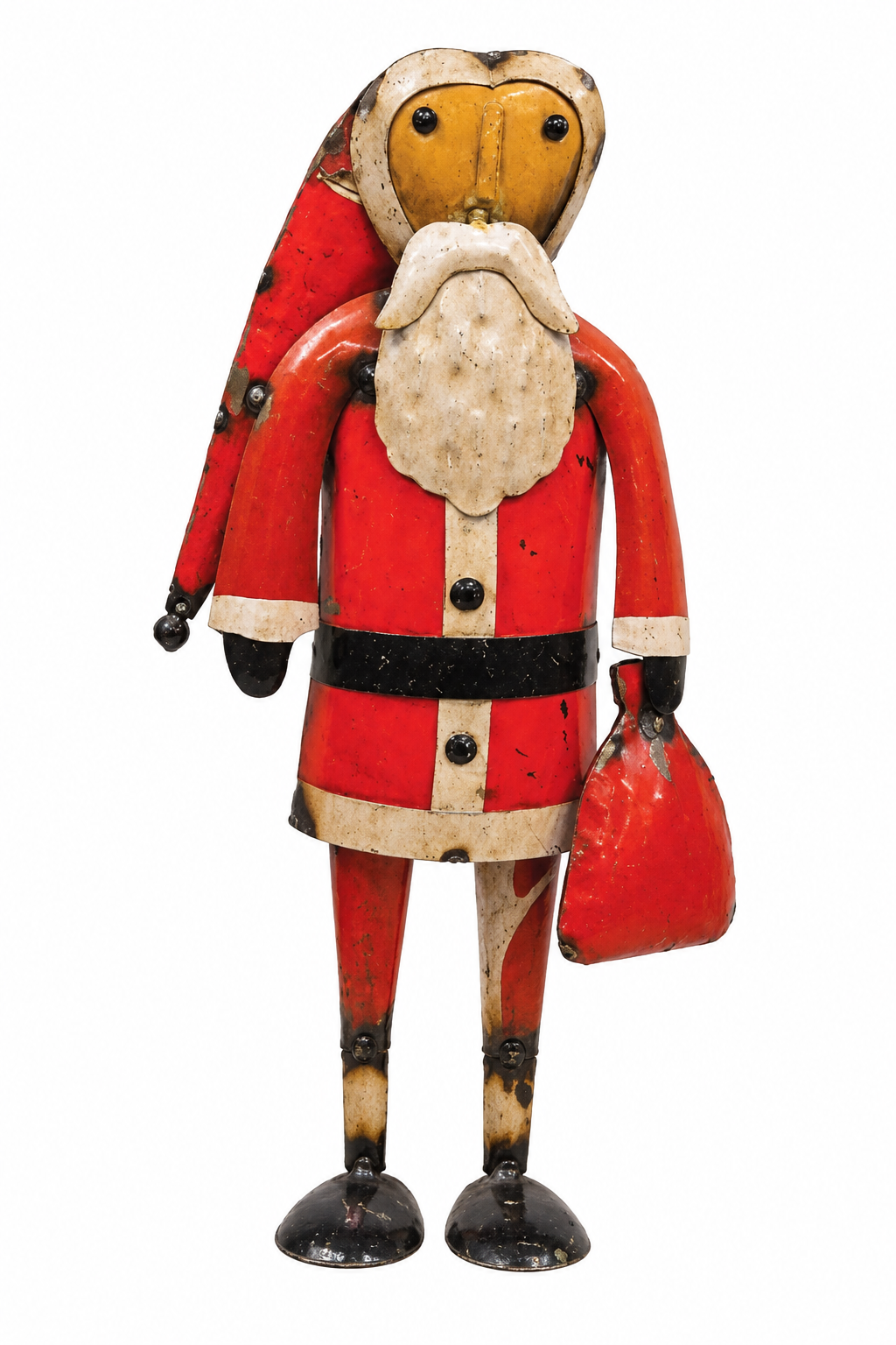 A vintage hand-painted wooden Santa Claus figurine with a weathered red suit, cream-colored beard and trim, and black accents, holding a red sack against a plain white background.