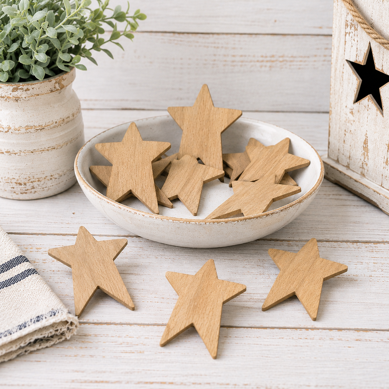 Set of 12 unfinished primitive wooden star cutouts with natural wood grain for farmhouse decor and DIY craft projects