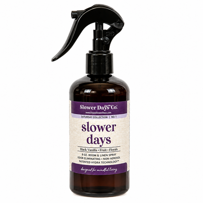 A 8 oz room and linen spray bottle by Slower Days Co. in Black Vanilla - Fruits flavor.