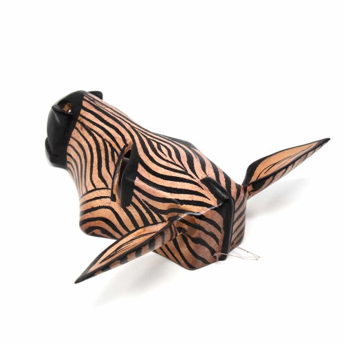 Hand-carved wooden zebra mask, crafted in Kenya for wall hanging or shelf decor.