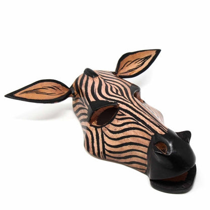 Hand-carved wooden zebra mask, crafted in Kenya for wall hanging or shelf decor.