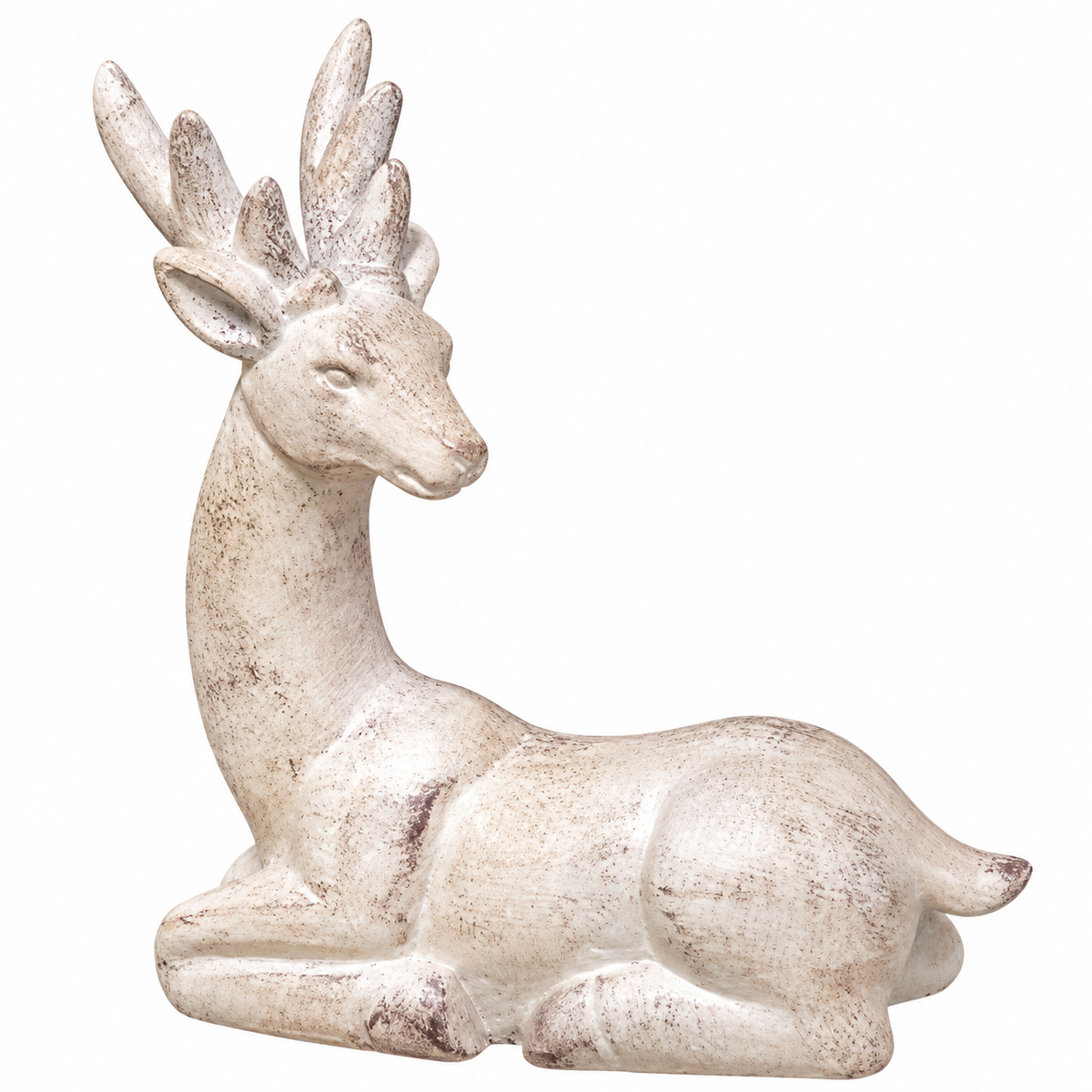 Distressed ivory resting deer figurine with raised antlers, softly weathered finish, carved details, and tucked legs on a clean white background.
