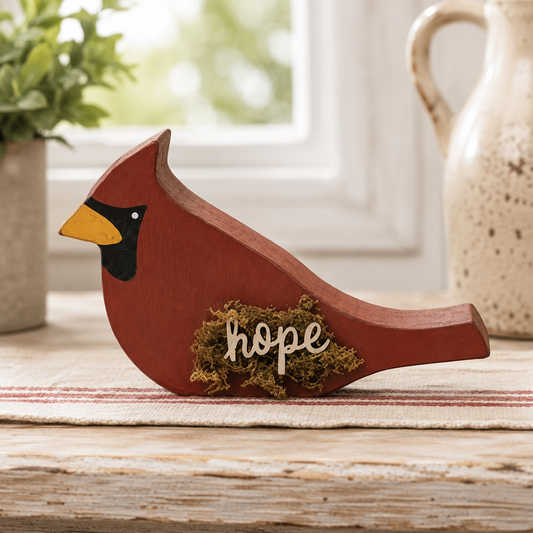 A decorative wooden cardinal figurine in reddish brown, with a black head, yellow beak, and a small mossy patch on the side featuring the word "hope" in white lettering. It is placed on a rustic wooden surface with a blurred indoor background including a window, plant, and ceramic pitcher.